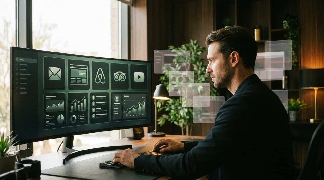Oficina virtual organizada para administrar múltiples negocios y plataformas digitales desde una computadora